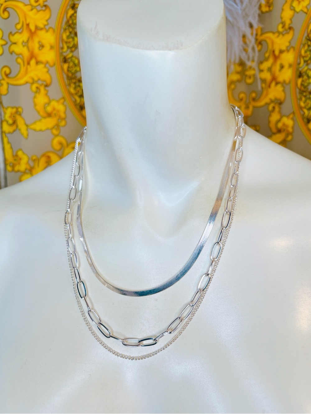 18k white gold layered chain herringbone paper clip necklace adjustable